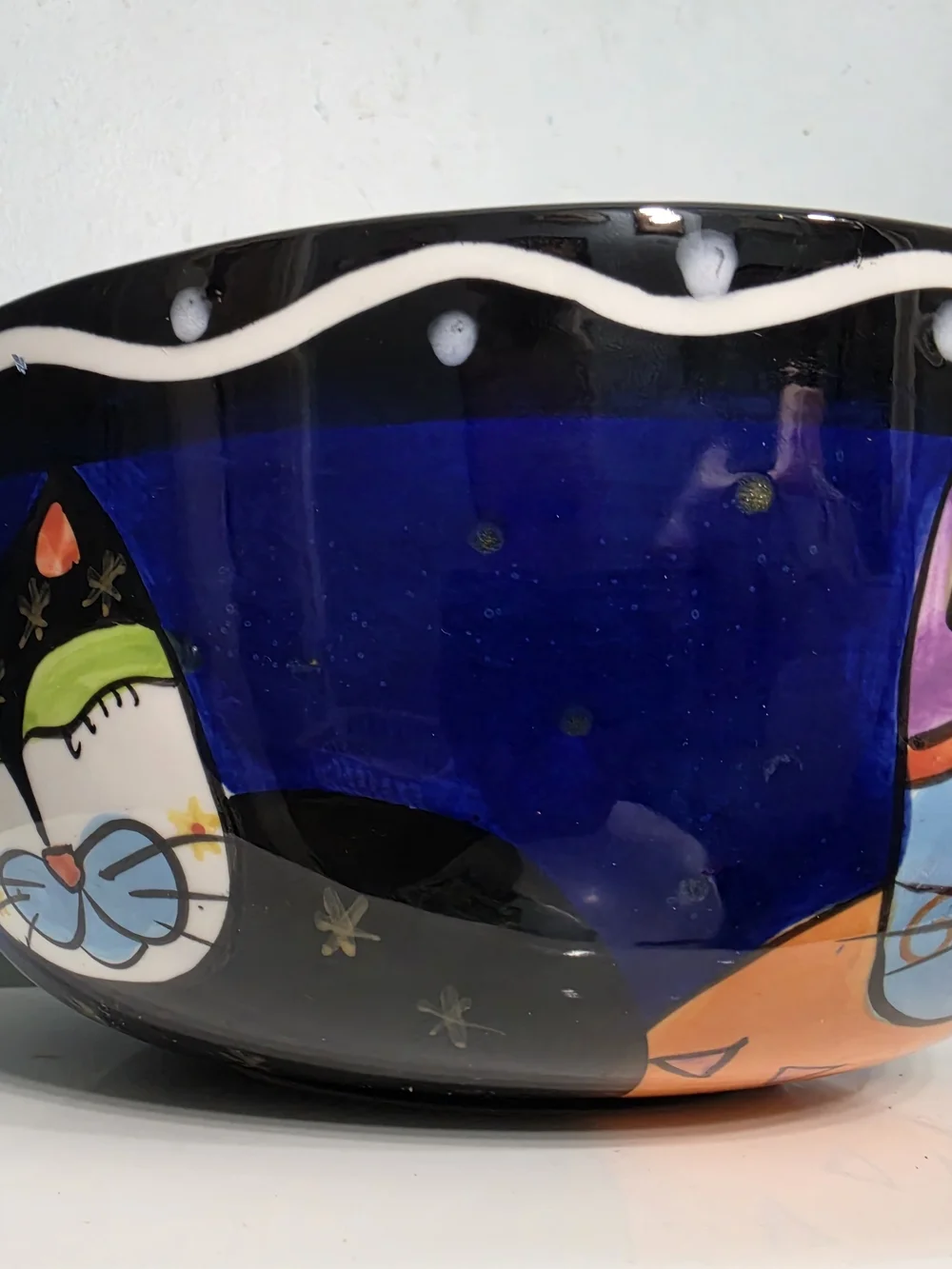 Laurel Burch Hand-Painted Blue Cat Glass Bowl with Multicolor Accents
